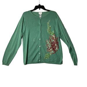 Yi Lin Green‎ Silk Blend Cardigan Sweater Women Medium Sequin Floral Design